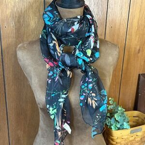 Collection Eighteen Black Floral Sheer Chiffon Scarf Lightweight Boho Feminine